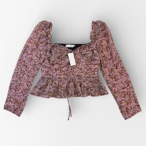 NWT ASTR The Label Pink Floral Long Sleeve Peplum Blouse LARGE